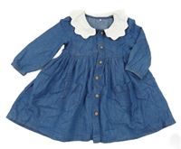 Modré lehké riflové propínací šaty s bílým límcem s madeirou Mothercare