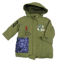 Khaki šusťáková zimní bunda s nápisy a flitry a kapucí ZARA