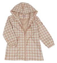 Světlerůžovo-bílá kostkovaná nepromokavá podzimní parka s nášivkou a kapucí THREADGIRLS