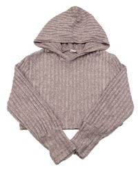 Starorůžová melírovaná žebrovaná úpletová crop mikina s kapucí Shein