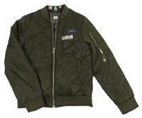 Khaki prošívaná šusťáková zateplená bunda s nášivkami