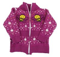 Fuchsiový vzorovaný propínací svetr s včelami