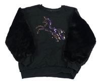 Černá mikina s jednorožcem z flitrů a chlupatými rukávy Tu