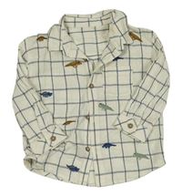 Smetanovo-modrošedá kostkovaná lněná košile s dinosaury George