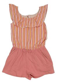 Růžovo-bílo-žlutý bavlněný kraťasový overal s pruhy a volánem Pepperts