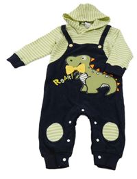 Tmavomodré žebrované laclové kalhoty s dinosaurem a pruhovaným trikem s kapucí