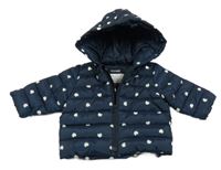 Tmavomodrá šusťáková prošívaná zateplená vesta se srdíčky a kapucí kiabi