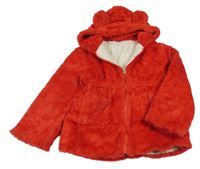 Červený kožešinový zateplený kabátek s kapucí 