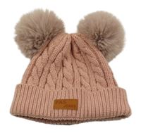 Růžová pletená čepice s bambulemi 