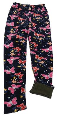 Tmavomodro-růžové plyšové zateplené legíny s motýlky 