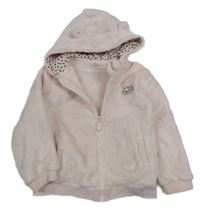 Světlerůžová vzorovaná plyšová propínací mikina s nášivkou a kapucí 