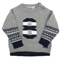 Šedo-modrý vzorovaný svetr s číslem 