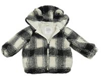 Bílo-černá kostkovaná huňatá podšitá bunda s kapucí zn. F&F