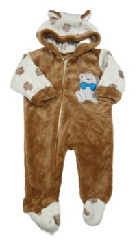 Hnědo-bílá plyšová kombinéza s medvídkem