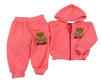 2set - Neonově růžová melírovaná propínací mikina s medvídkem a kapucí + tepláky 