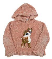 Růžový žinylkový svetr s laní z flitrů a kapucí Dopodopo