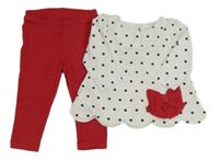 2Set - Bílo-černo-vínová puntíkatá tepláková halenka s mašlí + tregíny  