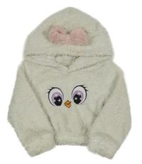 Bílošedá chlupatá mikina s čumákem a kapucí s mašlí 