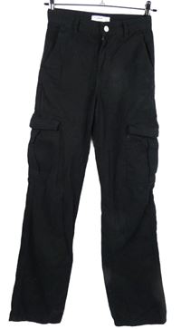 Dámské černé plátěné volné kalhoty s kapsami Pull&Bear vel. 32