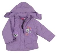 Fialová šusťáková zimní bunda s obrázky a kapucí 