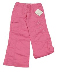 Nové - růžové plátěné roll-up kalhoty s kytičkami