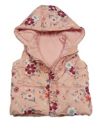 Světlerůžová květinová šusťáková zateplená vesta s kapucí George