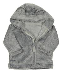 Šedo-bílá chlupatá propínací mikina s kapucí a oušky George