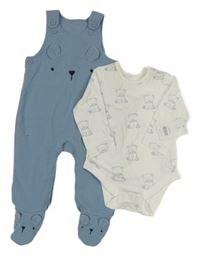 Nové - 2 Set - Modro-šedé sametové dupačky s čumákem + Bílo-modré body s medvídky George