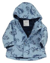 Světlemodrá šusťáková zimní bunda s dinosaury a kapucí Primark