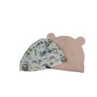 2x čepice - světlerůžová s hvězdou + bílá se zvířaty 