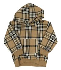 Hnědo-černo-bílá kostkovaná bunda s kapsou a kapucí SHEIN