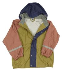 Pískovo-tmavomodro-růžová nepromokavá bunda s kapucí 