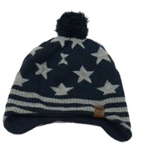 Tmavomodro-šedá čepice s hvězdami a bambulí 