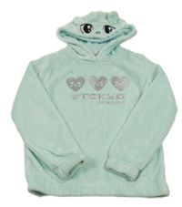 Mentolová chlupatá mikina se srdíčky a kapucí 
