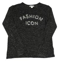 Šedo-černé melírované úpletové triko s nápisem z flitrů Primark 