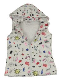 Bílá šusťáková prošívaná zateplená vesta s obrázky a kapucí 