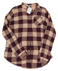 Nové - Vínovo-světlerůžová kostkovaná flanelová halenka H&M