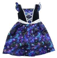 Kostým - Černo-tmavofialovo-modré saténovo/sametové šaty s měsíci a hvězdičkami a volánky F&F