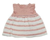 Bílo-růžové pruhované perforované svetrové šaty se srdíčkem a volánky mayoral