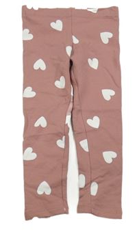 Starorůžové teplákové zateplené legíny s bílými srdíčky H&M