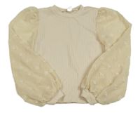 Světlebéžové úpletové mikinotriko se šifonovými balonovými rukávy s puntíky SHEIN