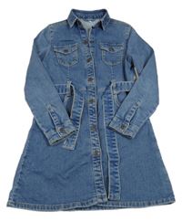 Modré teplákové riflové propínací šaty s límečkem a páskem C&A