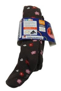 Nové - tmavohnědé thermo punčocháče s květy a srdíčky lupilu