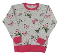 Šedo-tmavorůžová melírovaná puntíkatá teplá mikina s motýlky