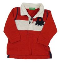 Červeno-bílá melírovaná mikina s logem a límečkem Benetton