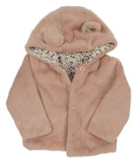 Světlerůžový kožešinový podšitý kabát s kapucí s oušky CRAFTED