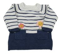 Bílo-tmavomodré pruhované pletené šaty s kytičkami PRIMARK