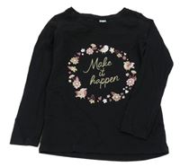 Černé triko se zlatými nápisy a květy a ptáčky dopodopo