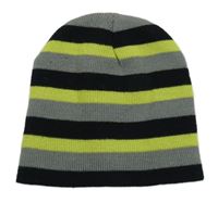 Šedo-černo-limetková pruhovaná pletená čepice 