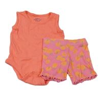 2Set - Růžové žebrované kraťasy s pomeranči PRIMARK + lososové body fagottino